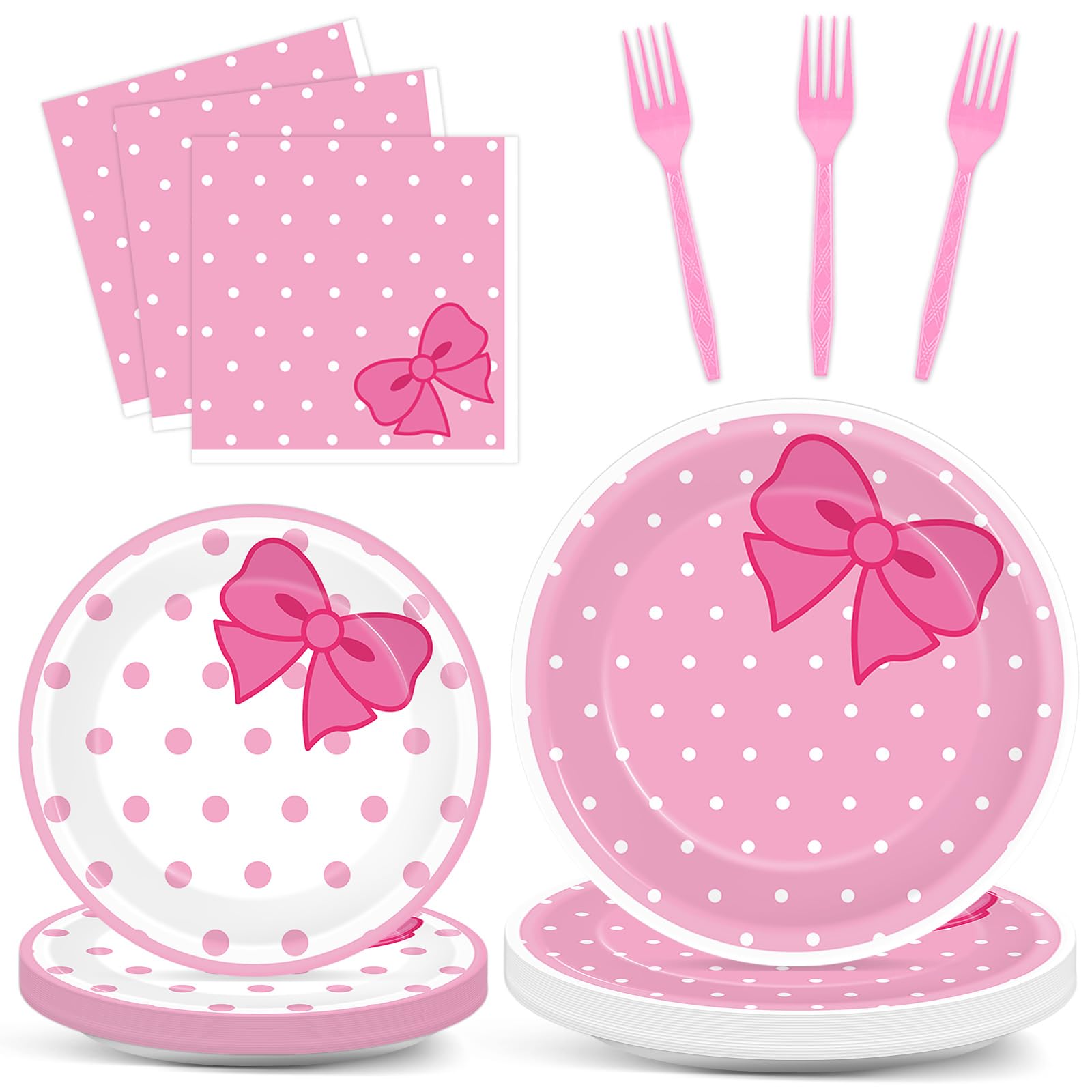 96Pcs Pink Cat Paper Plates and Napkins Cute Cats Bow Theme Birthday