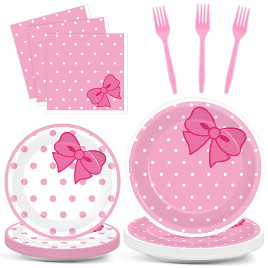 96Pcs Pink Cat Paper Plates and Napkins Cute Cats Bow Theme Birthday