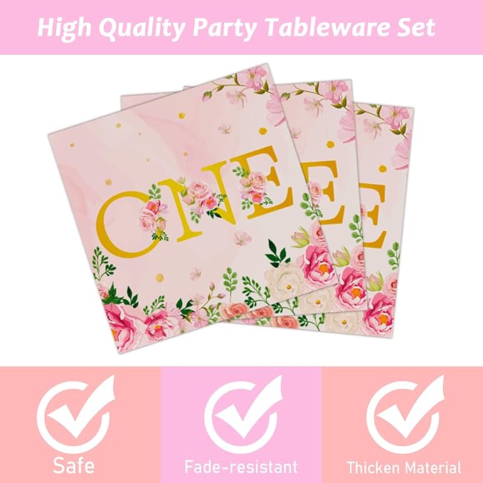 96Pcs 1st Birthday Party Supplies Girls' One Year Tableware with