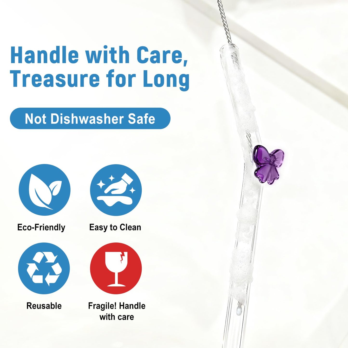 Cute Girly Glass Straws with Charms Purple Bows - 8mm Thin 9 inch Long