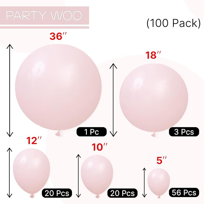 PartyWoo Baby Pink Balloons 100pcs Different Sizes of 36 18 12 10 5