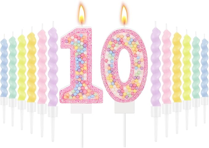 MTLEE Number 10 Birthday Candle with 12 Pcs Spiral Candles for Girls M