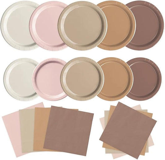 60 PCS Brown Paper Plates Boho Baby Shower Decorations Gradient