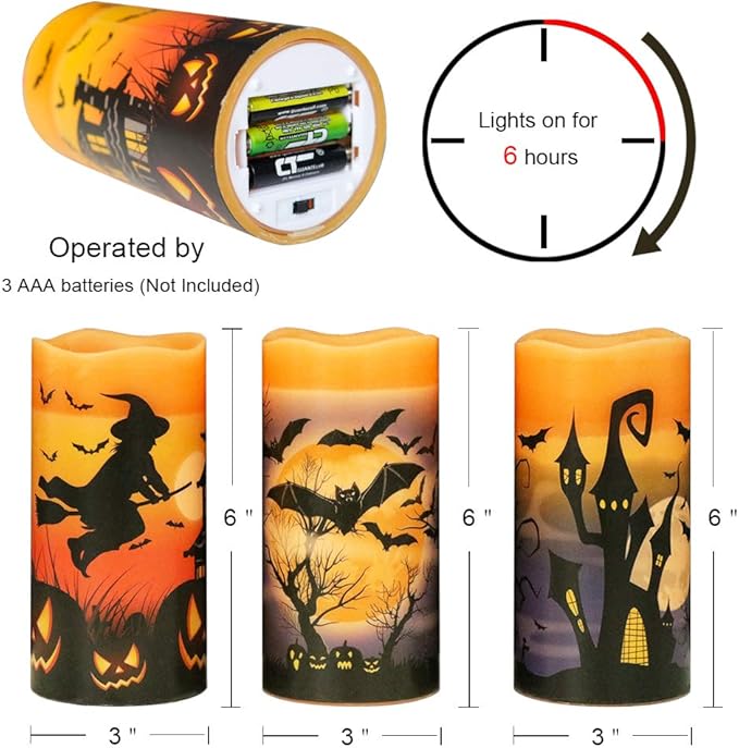 Halloween Flameless Flickering LED Candles with 6 Hour Timer Battery