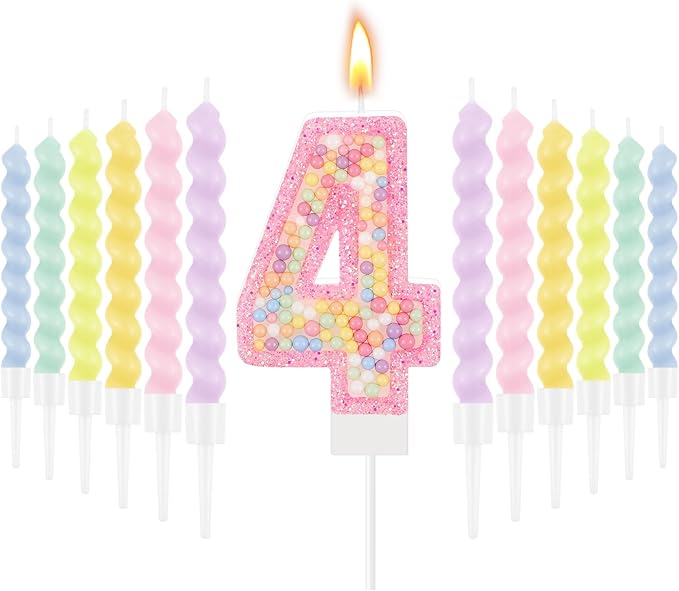 MTLEE Number 4 Birthday Candle with 12 Pcs Spiral Candles for Girls