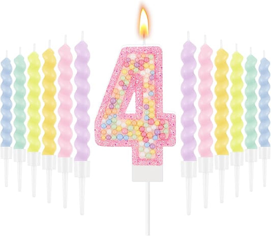 MTLEE Number 4 Birthday Candle with 12 Pcs Spiral Candles for Girls