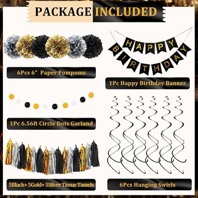 Black and Gold Birthday Party Decorations Kit for Men Women Cheers