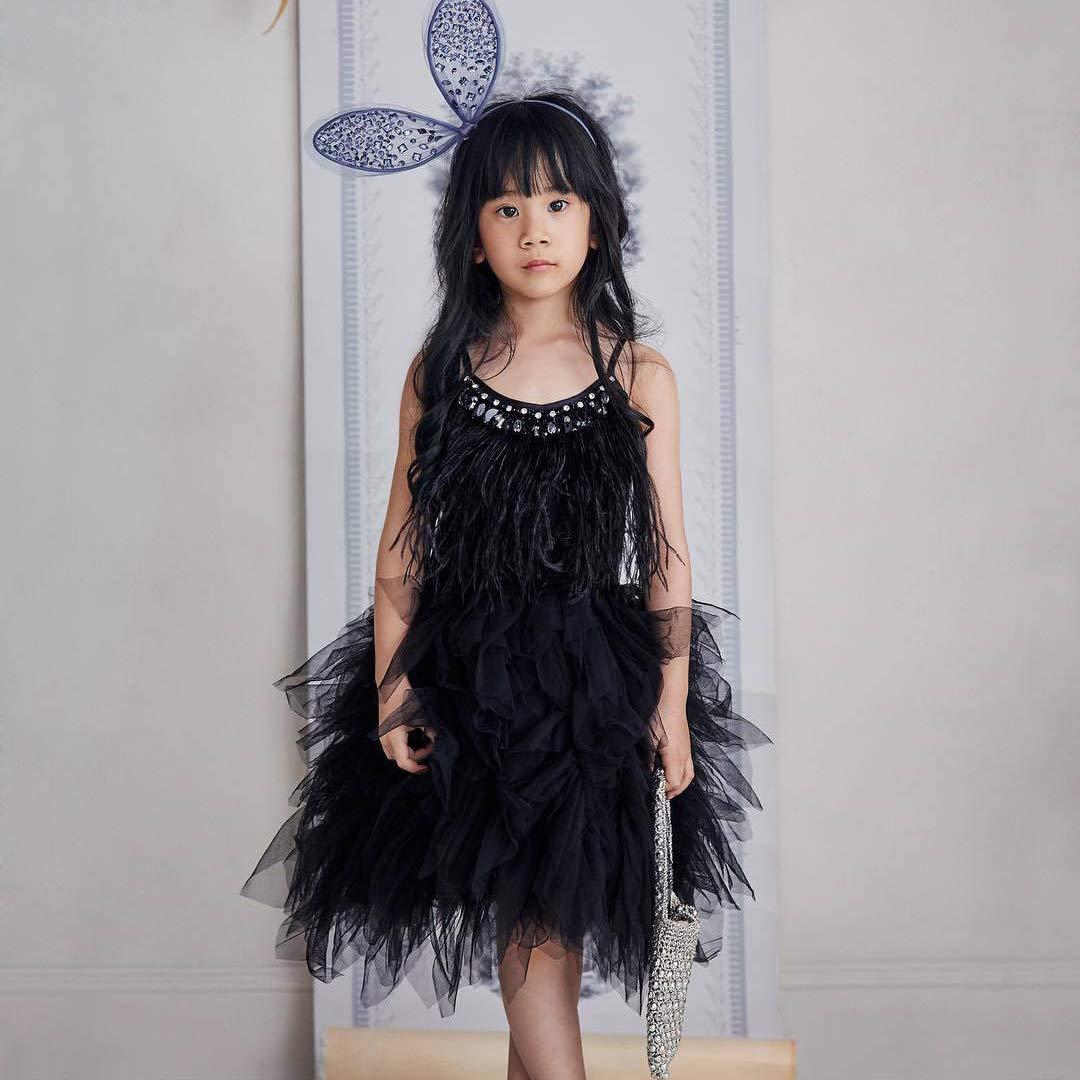 Kids Girls Spaghetti Strap Lace Feather Fringes Tutu Tulle Swan