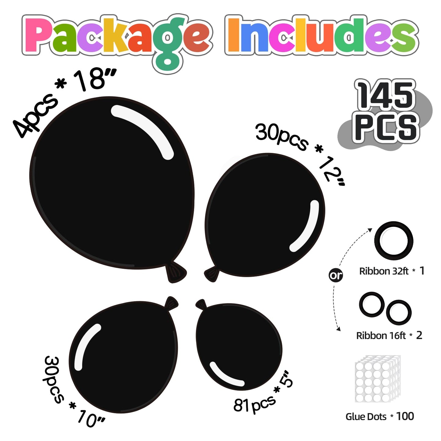 145pcs Black Balloons Different Sizes 18" 12" 10" 5" Black Latex