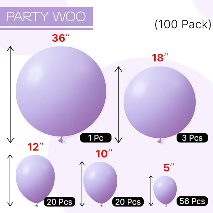 PartyWoo Pastel Purple Balloons 100 pcs Different Sizes Pack of 36 18