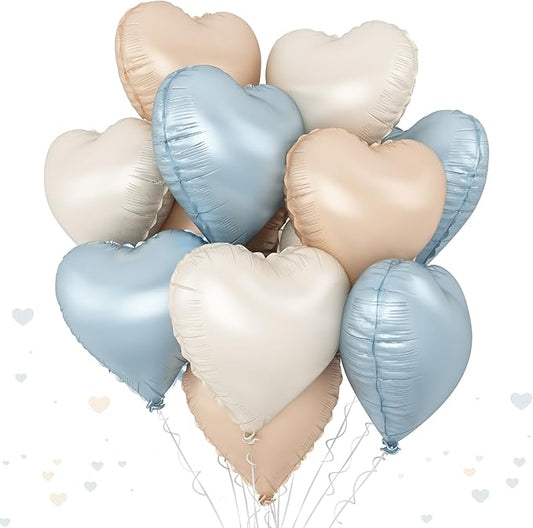 Blue Cream Heart Foil Balloons, 12Pcs Baby Blue Beige Nude Heart