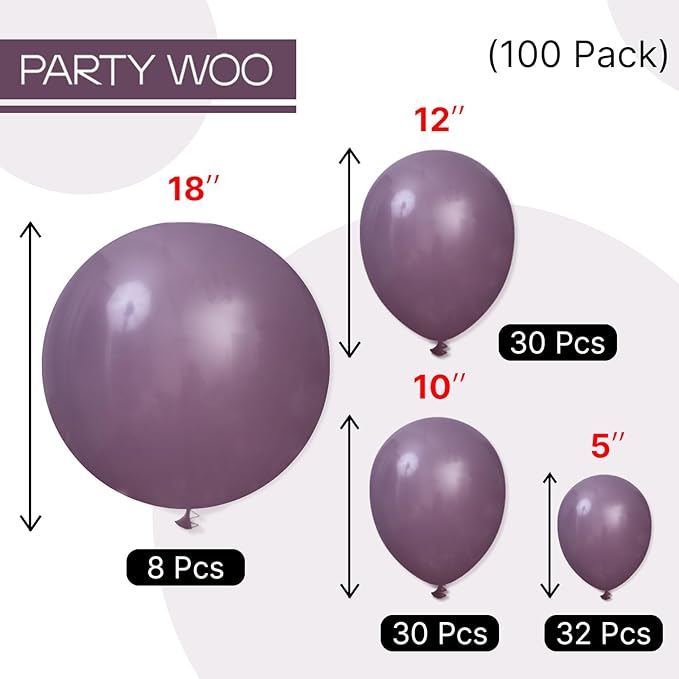 PartyWoo Dusty Purple Balloons 100 pcs Different Sizes of 18 12 10 5