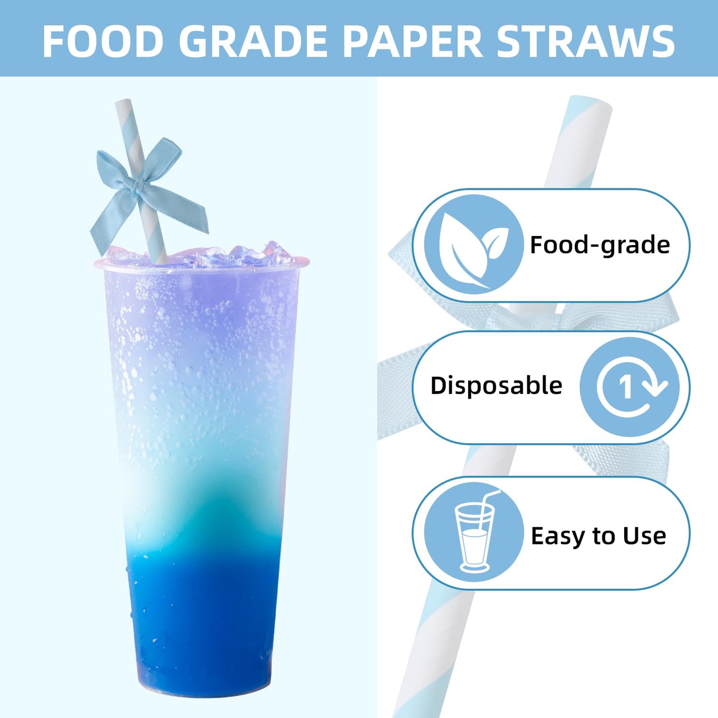 Nicime 50pcs Blue Bow Straw, 7.7inch Biodegradable Cute Girly Paper