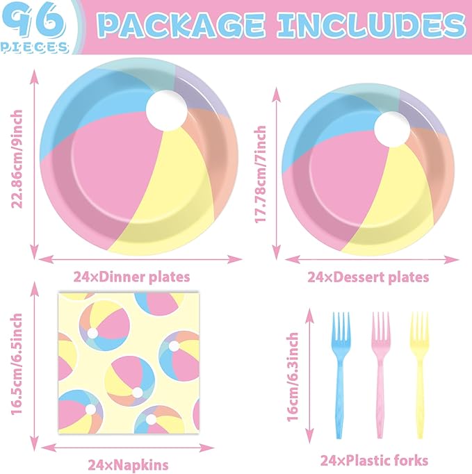 96PCS Summer Macaron Beach Ball Party Paper Plates and Napkins and