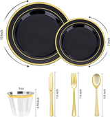 BESTVIP 600PCS Black Gold Dinnerware Set for 100 Guests, Plastic