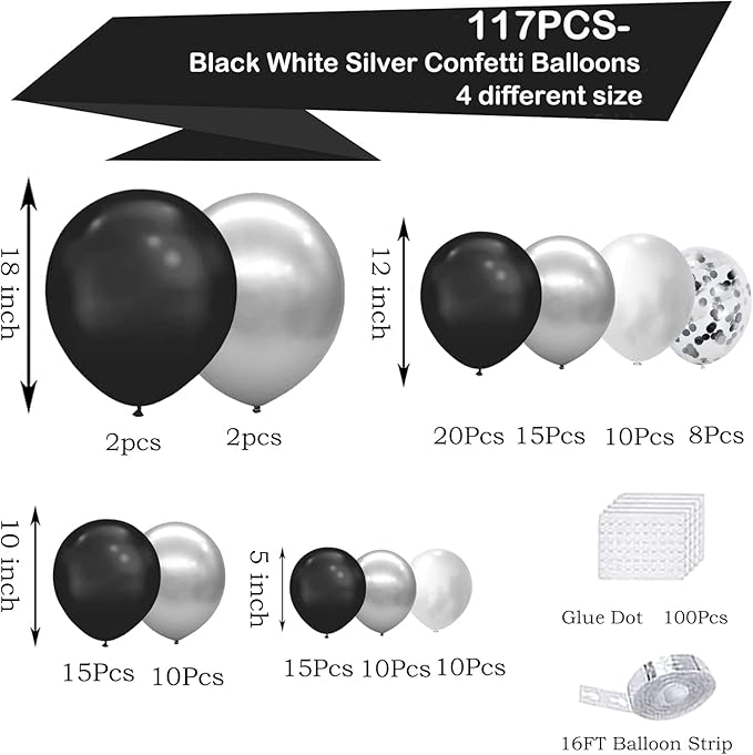Black and Silver Balloons Garland Kit,119pcs Black White Metallic