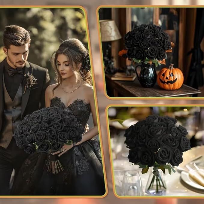30 PCS Fake Black Roses Artificial Flowers Bulk Halloween