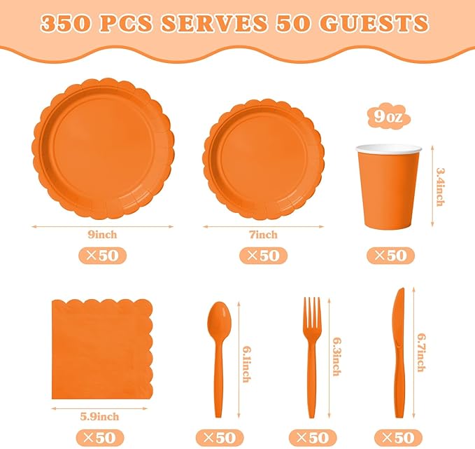 Vyntra 350 Pcs Orange Disposable Paper Plates and Napkins Set for 50,