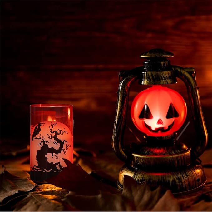 Halloween Flickering Candles with Witch Crow Raven Castle Decals Red