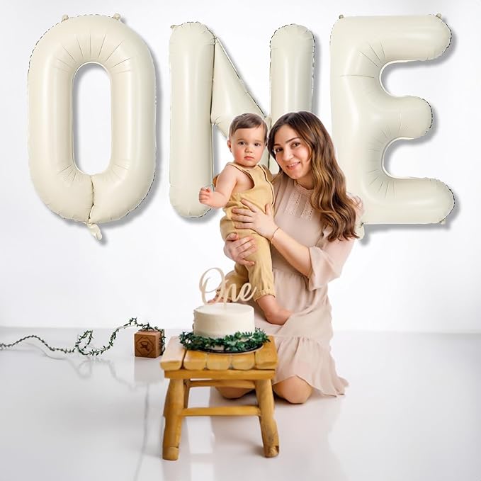 40 Inch Beige One Balloons for 1st Birthday, Cream White Sand One