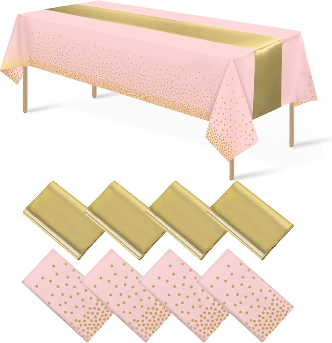 8Pack Disposable Plastic Tablecloths and Satin Table Runner Set Pink