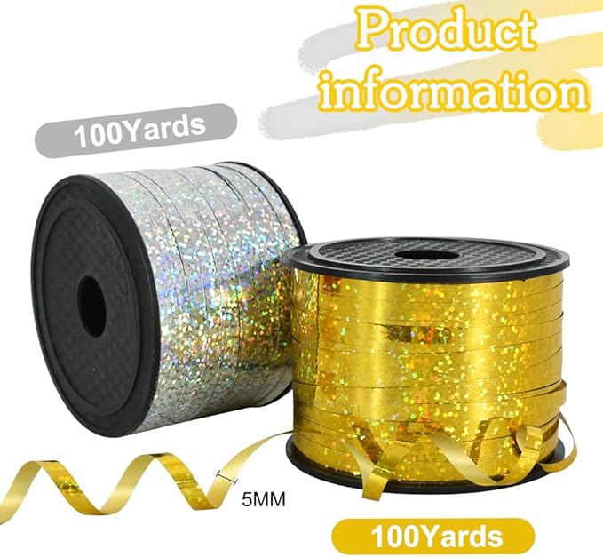 BEISHIDA 2 Pack 100 Yards Gold Silver Glitter Ribbon Balloon String