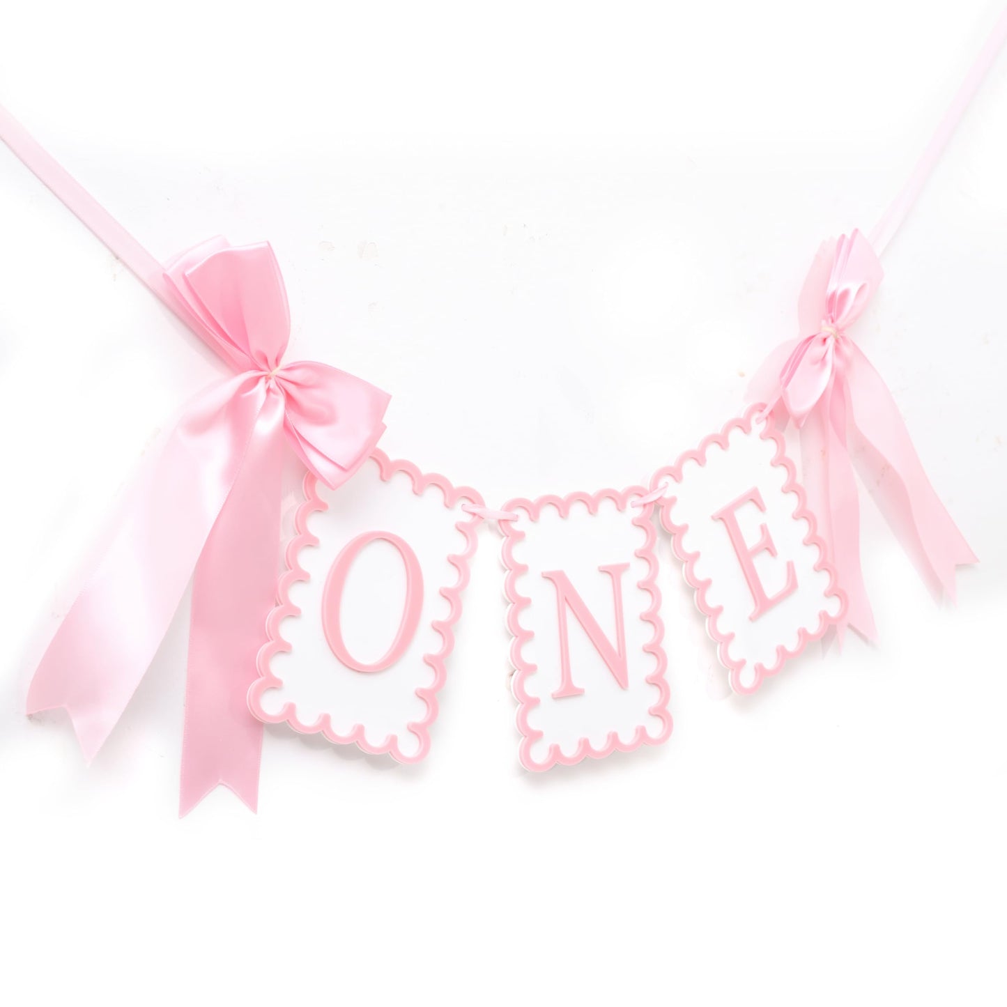 Girls 1st Birthday Decorations - Pink Bow High Chair Banner, Bow First