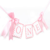 Girls 1st Birthday Decorations - Pink Bow High Chair Banner, Bow First