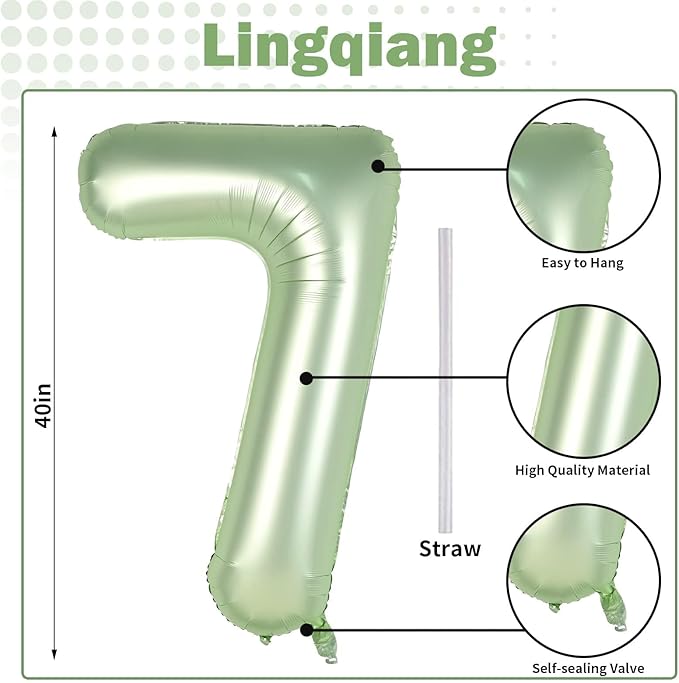 Sage Green Foil Balloon Number 7, 40'' Giant Self Inflating Number