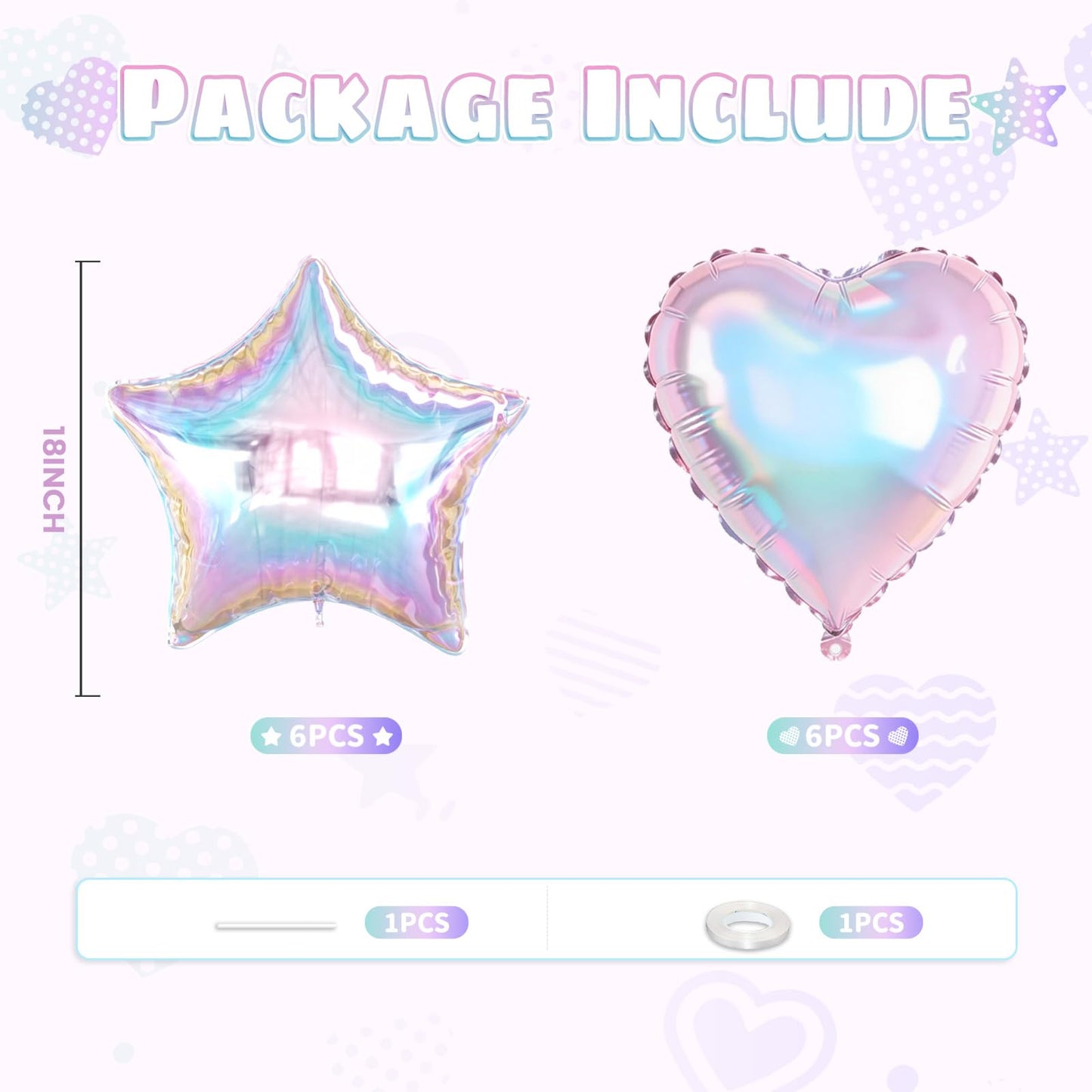 Iridescent Heart Balloons, 12PCS Holographic Clear Star Balloons, 18