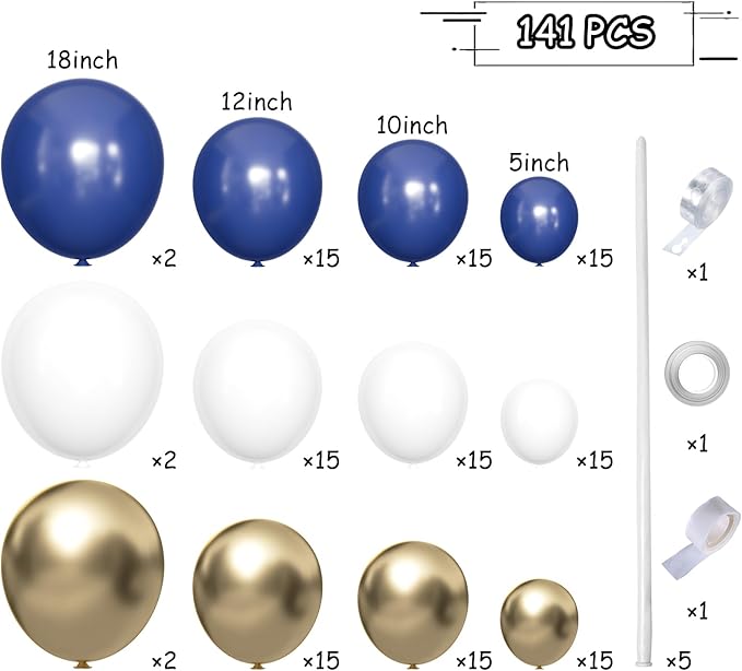 MEBAY Blue White Gold Balloons Garland Arch Kit, 141Pcs Latex
