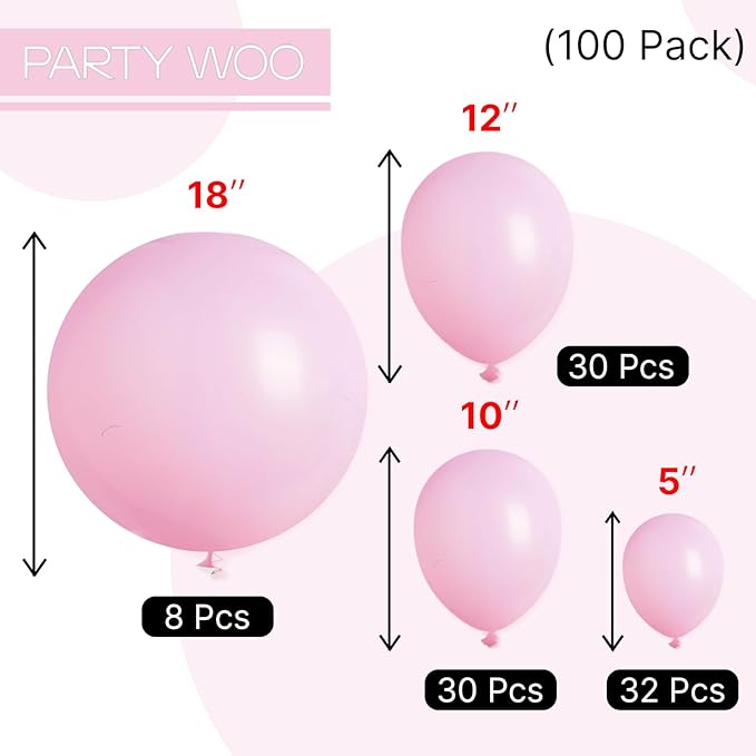PartyWoo Baby Pink Balloons 100 pcs Different Sizes of 18 12 10 5 Inch