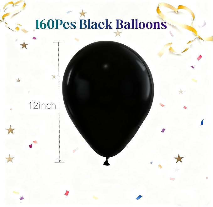 160pcs Black Balloons 12 Inch Matte Latex Balloons for Graduation
