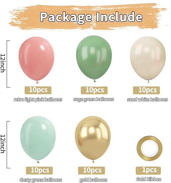 Zesliwy Sage Green Pink Gold Balloons,50Pcs 12Inch Dusty Mint Green