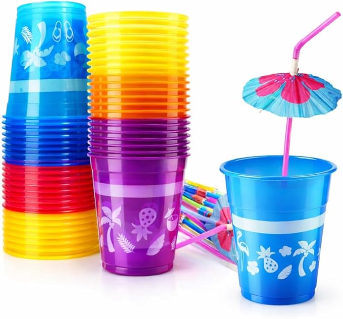 4E's Novelty 48 Packs Tropical Party Cups with Parasol Straws