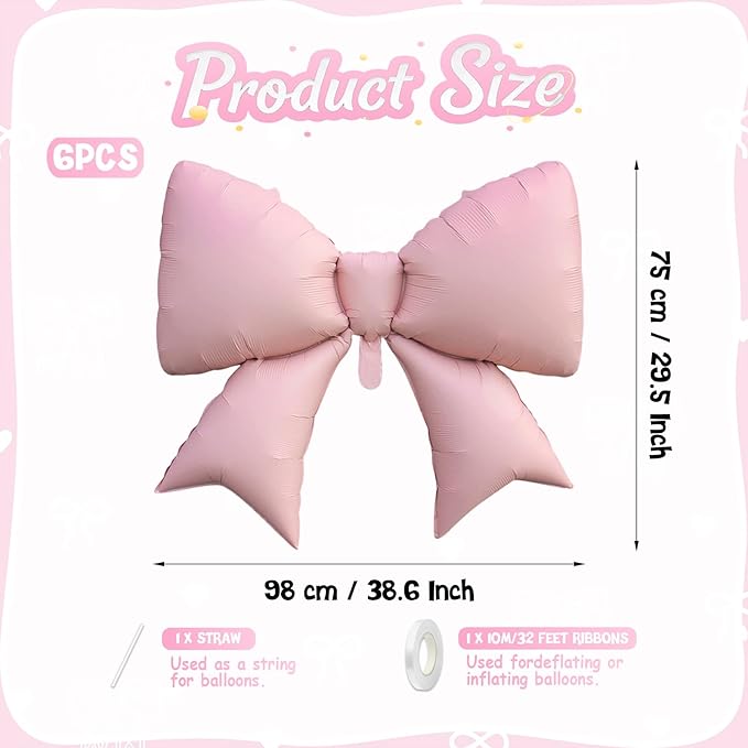 Biapian 6 Pcs Pink Bow Balloons, 38 Inch Giant Bow Foil Balloons,