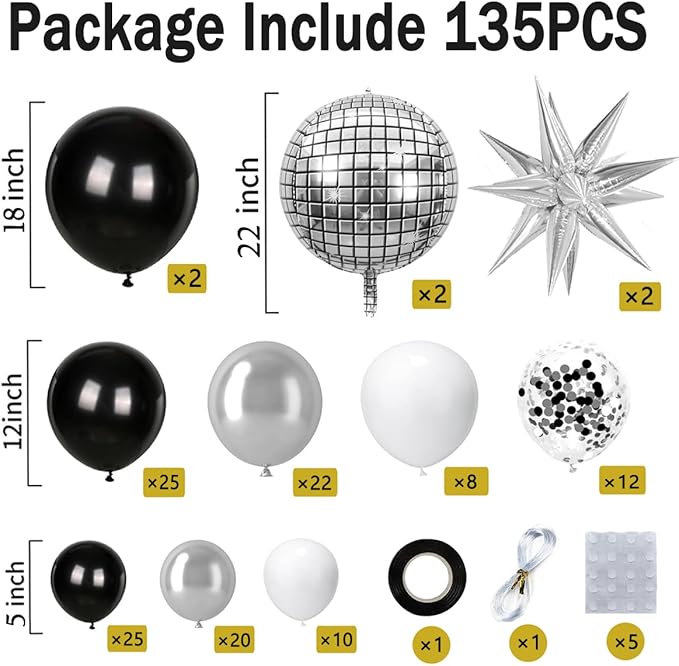 KARLURE Black Silver Balloons Arch Kit, Black Silver White Balloons