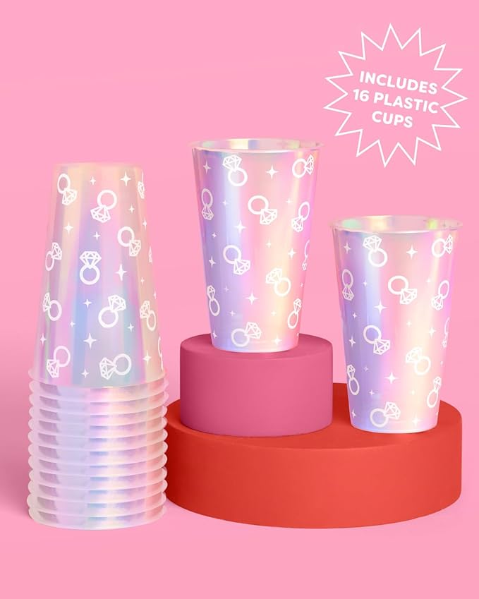 xo Fetti Iridescent Engagement Ring Plastic Cups 16 pcs 16 oz