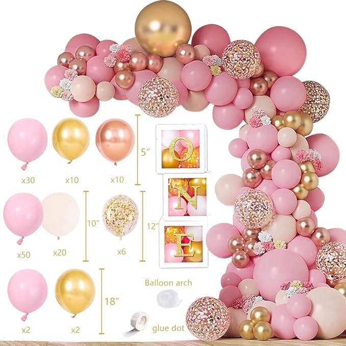 Baby Girl 1st Birthday Decorations Supplies Balloon Boxes Pink Gold