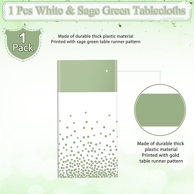 1Pcs White and Sage Green Tablecloth Decorations,Plastic White Table