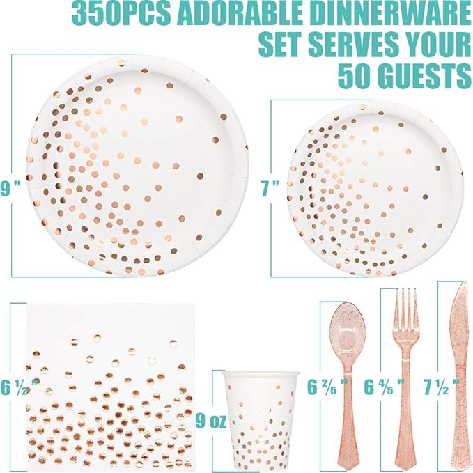 White & Rose Gold Party Supplies - 350 PCS Disposable Dinnerware Set