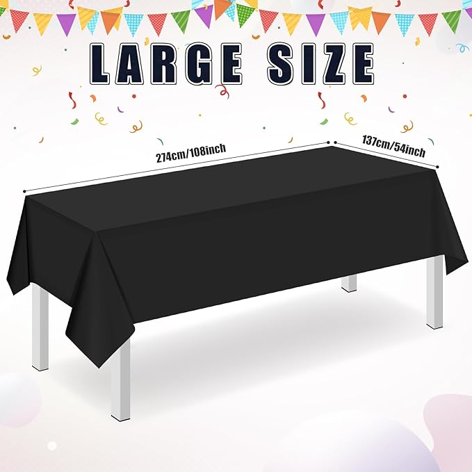 16 Pack Black Plastic Tablecloth for Rectangle Tables, Premium