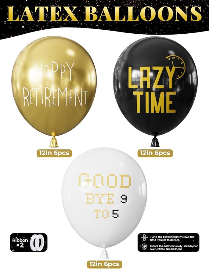 Retirement Balloons - 12 Inch Black Gold and White Balloons Funny