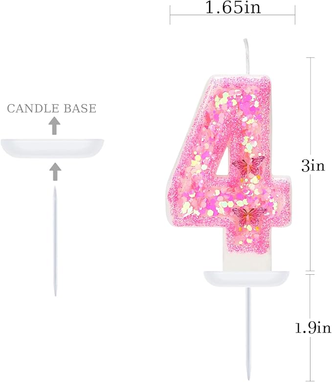 Pink Birthday Candles - Number 4 Candle for Birthday Girl, Butterfly