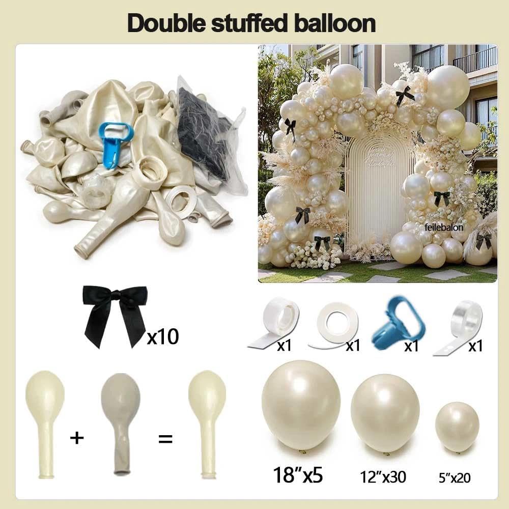 Pearl Sand White Balloon Arch Kit with Black Bow Double Stuffed Pearl