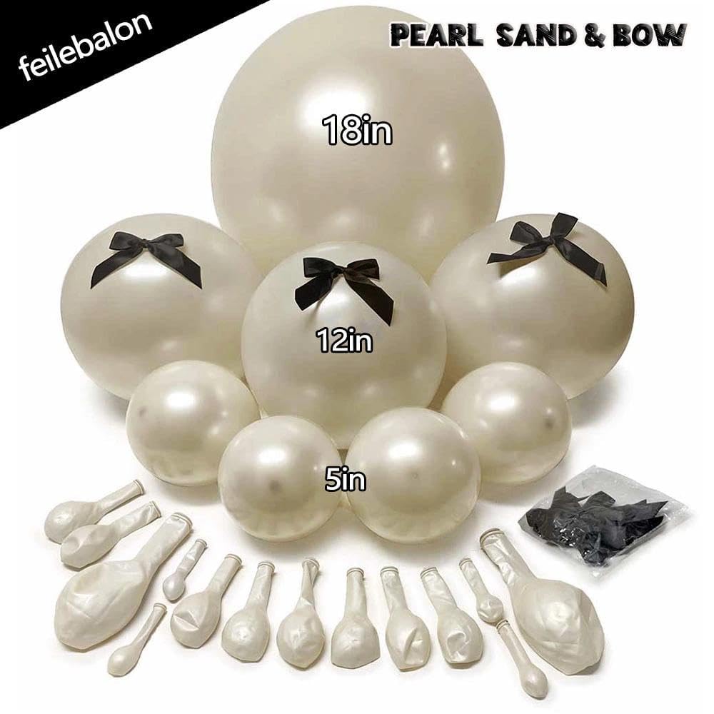 Pearl Sand White Balloon Arch Kit with Black Bow Double Stuffed Pearl
