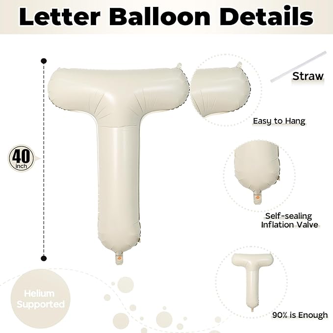 40 Inch Beige Letter Balloon, Cream White Sand Alphabet With Ribbon
