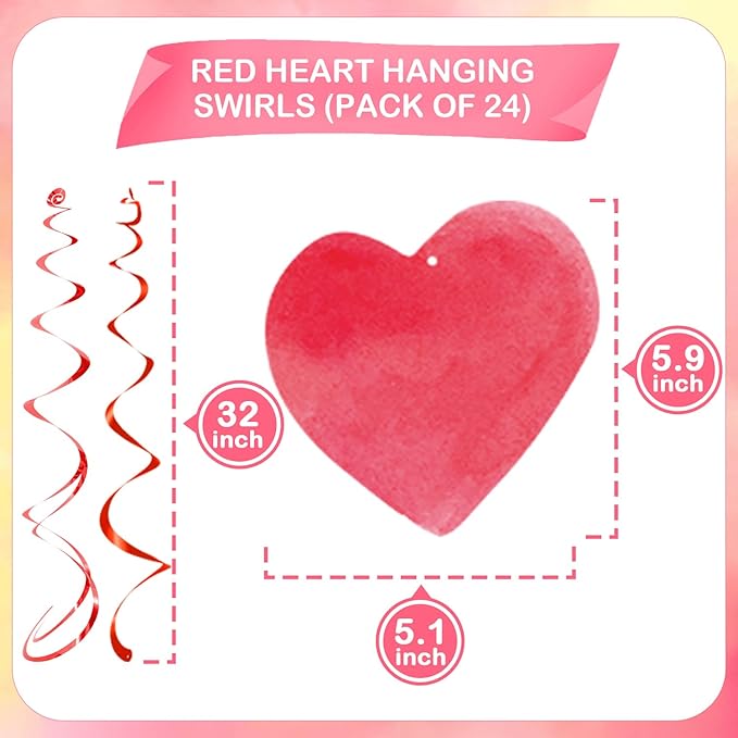 Red Pink Heart Hanging Swirl Decorations, Foil Ceiling Hanging Whirls