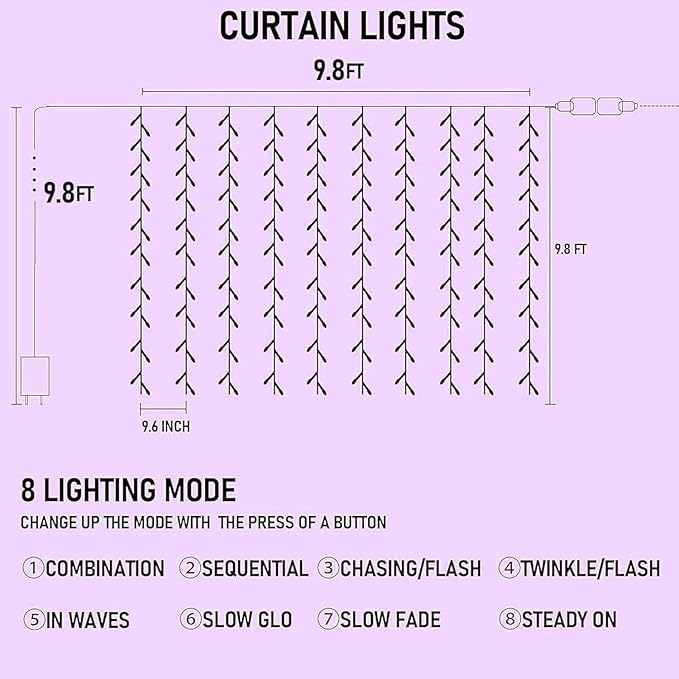 Dazzle Bright 300 LED Christmas Curtain String Lights Halloween
