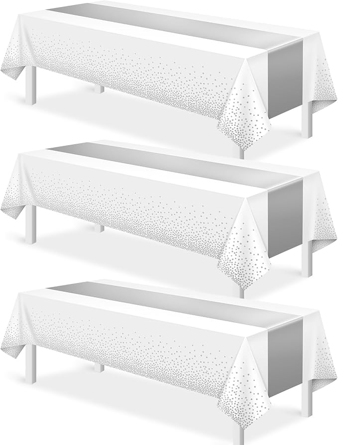 3Pcs White and Silver Tablecloth Party Decorations,Plastic White